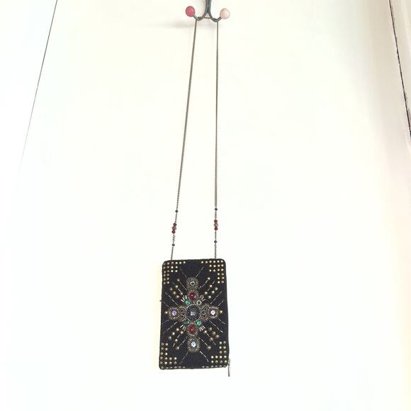 Mary Frances Brown Gold Beaded Cross Phone Bag Handbag Purse Crossbody Clutch - Picture 8 of 10